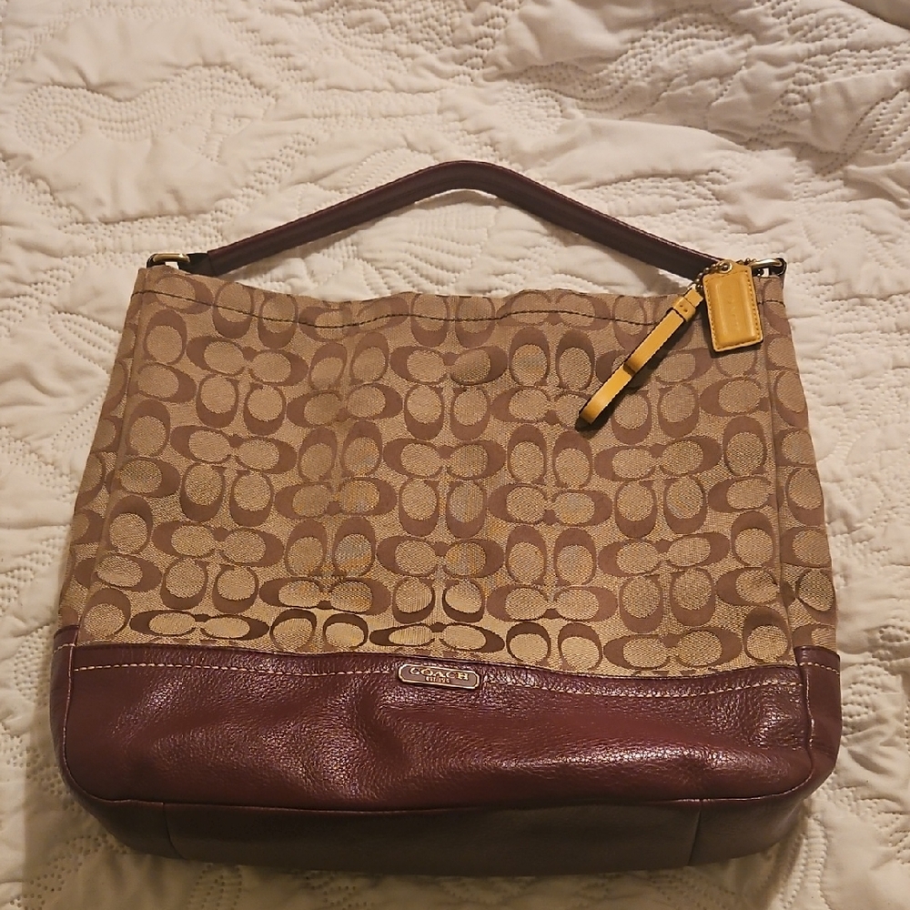 Coach Brown and Tan Signature Shoulder Bag